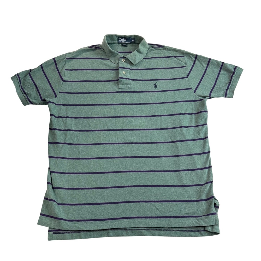 Polo Ralph Lauren Mens XL Green Navy Striped Cotton Short Sleeve Polo Shirt